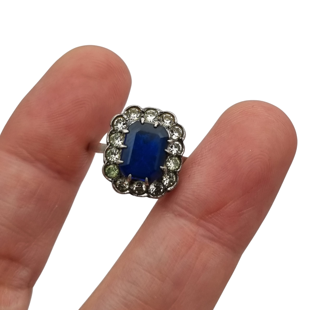 Pompadour silver ring with blue and white rhinestones, Princess Diana style. France, circa 1950