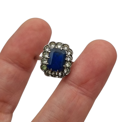 Pompadour silver ring with blue and white rhinestones, Princess Diana style. France, circa 1950