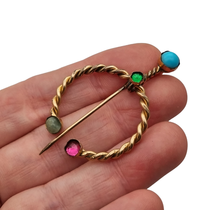 Historicism penannular fibula brooch in gilded metal, handcrafted, ca. 1940–1960