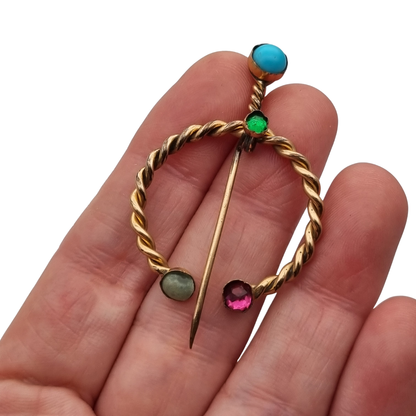 Historicism penannular fibula brooch in gilded metal, handcrafted, ca. 1940–1960