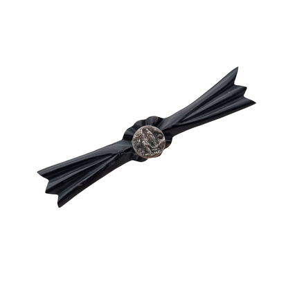 Art Deco vulcanite brooch, religious mourning jewelry, Virgin of Lourdes, circa 1930-1940.