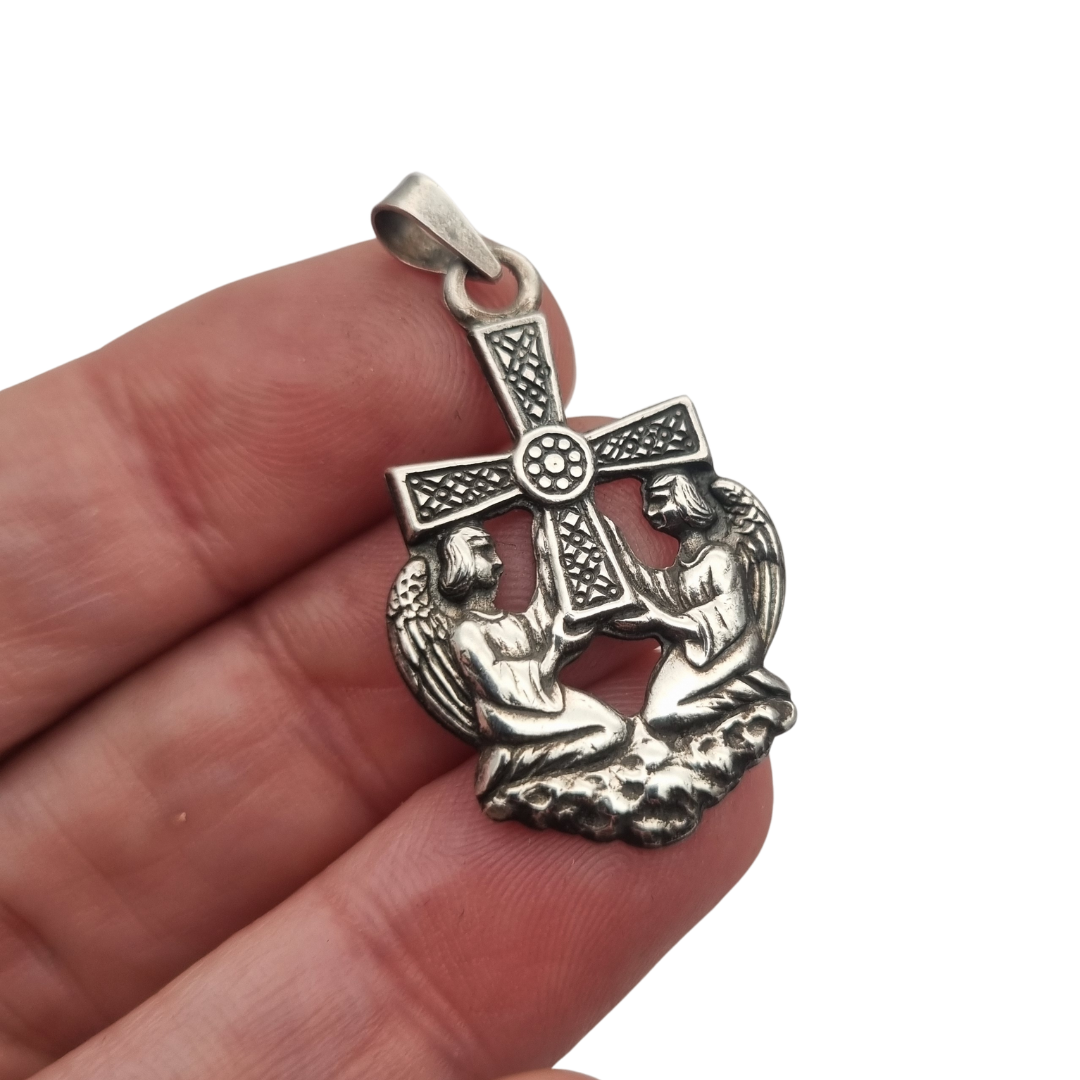Sterling silver Cruz de los Ángeles pendant, Asturian religious design, circa 1980