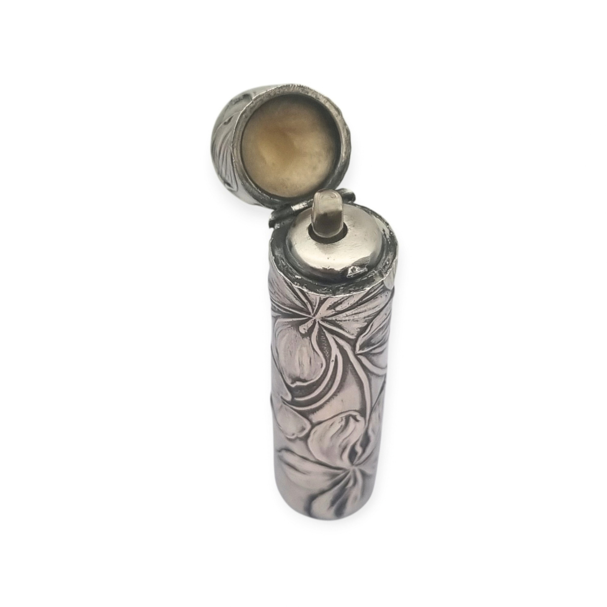 Perfumero Antiguo Art Nouveau de Plata con Decoración Floral en su Estuche, circa 1900