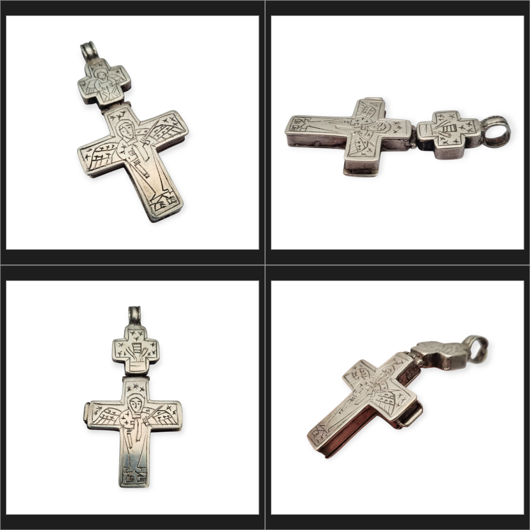 Cruz relicario estilo bizantino antigua de plata grabada, escenas religiosas.