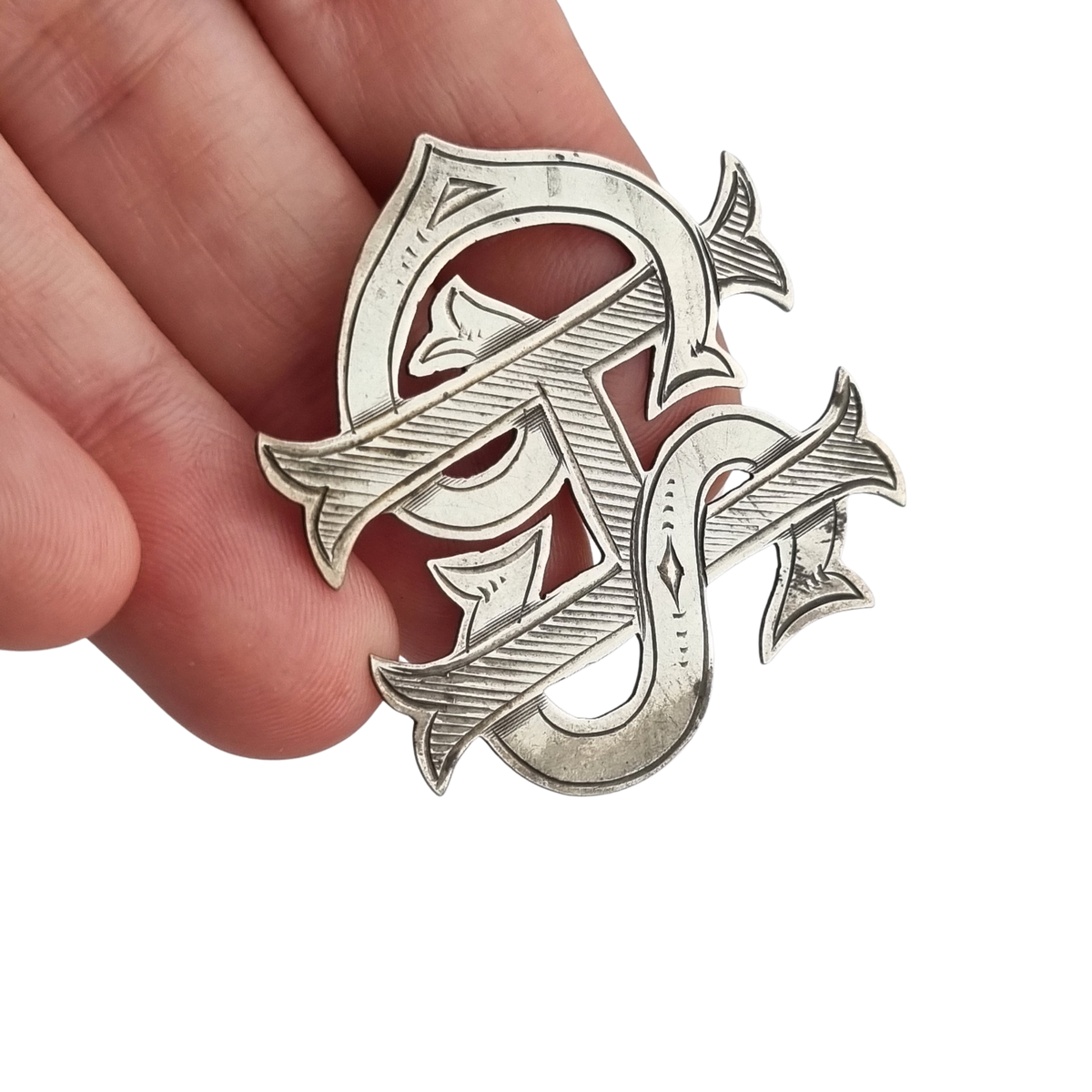 Broche Victoriano monograma antiguo en plata sterling STG SIL, ca. 1890-1920