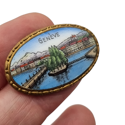 Vintage Geneva souvenir enamel brooch, Geneva view in gilt metal, tourist souvenir circa 1940-1955