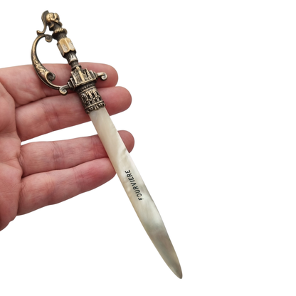 French Fourvière letter opener with mother-of-pearl blade and two-tone handle, Neo-medieval style circa 1900–1930