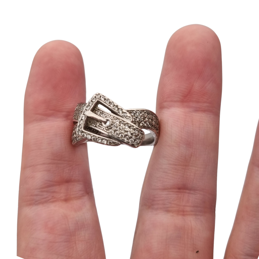 Anillo Vintage hebilla de plata de ley 925 con pavé de piedras estilo contemporáneo, siglo XX