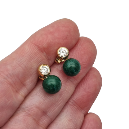 Vintage earrings you and I vintage gold-plated, cubic zirconia and green spheres · Spain, ca. 1980
