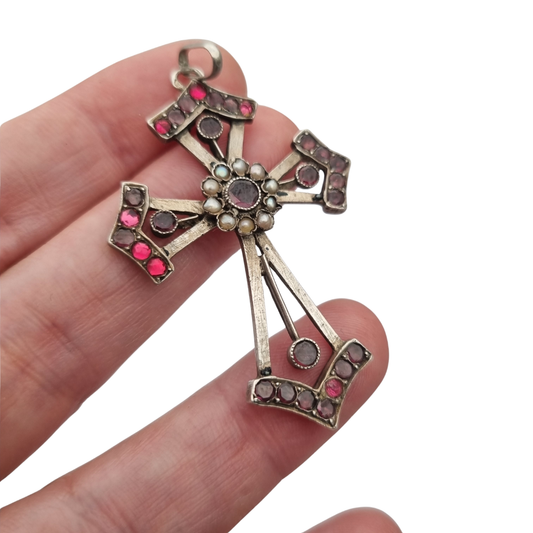 Victorian silver garnet, paste and pearl cross, Renaissance Revival, ca. 1890–1900