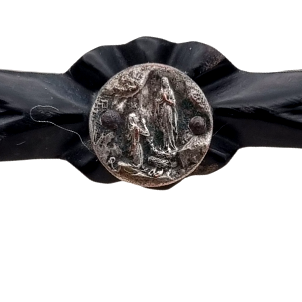Art Deco vulcanite brooch, religious mourning jewelry, Virgin of Lourdes, circa 1930-1940.