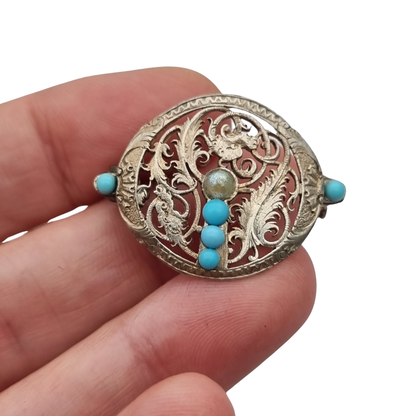 Vintage boho ethnic silver brooch with blue beads and openwork foliage, 70s-80s
