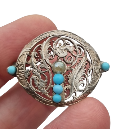 Vintage boho ethnic silver brooch with blue beads and openwork foliage, 70s-80s