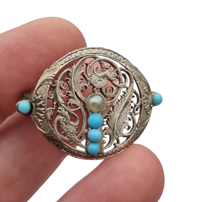 Vintage boho ethnic silver brooch with blue beads and openwork foliage, 70s-80s