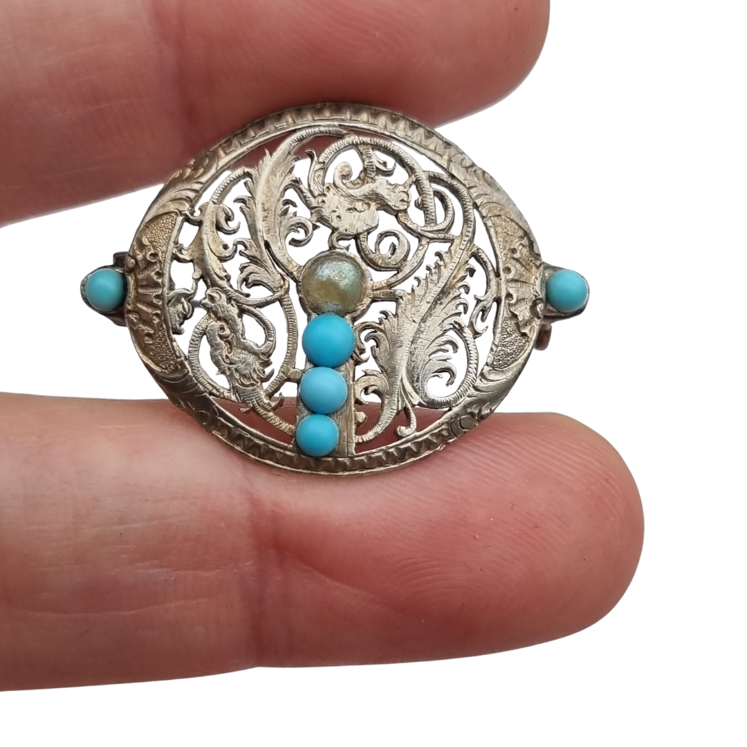 Vintage boho ethnic silver brooch with blue beads and openwork foliage, 70s-80s