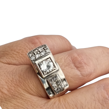 Art Deco silver and white gemstone ring, asymmetrical geometric design, France circa 1940