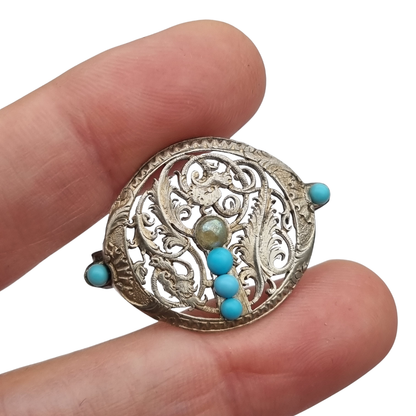 Vintage boho ethnic silver brooch with blue beads and openwork foliage, 70s-80s