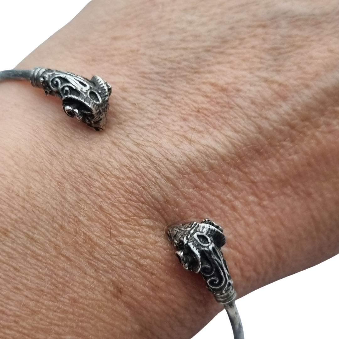 Vintage Boho 925 Silver Mexican Ram Heads Adjustable Bracelet 80s