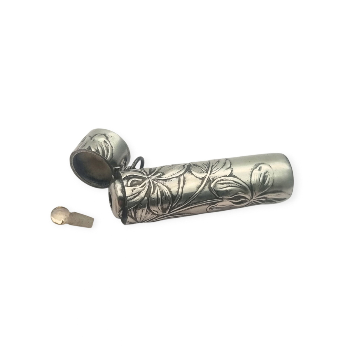Perfumero Antiguo Art Nouveau de Plata con Decoración Floral en su Estuche, circa 1900