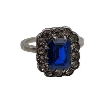 Pompadour silver ring with blue and white rhinestones, Princess Diana style. France, circa 1950