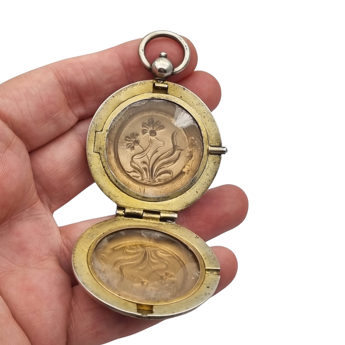 Antique Art Nouveau 800 silver locket with double photo frame, floral engraving, and pink stone, ca. 1900