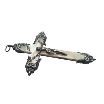 Antique neo-baroque silver and mother-of-pearl crucifix, late 19th century