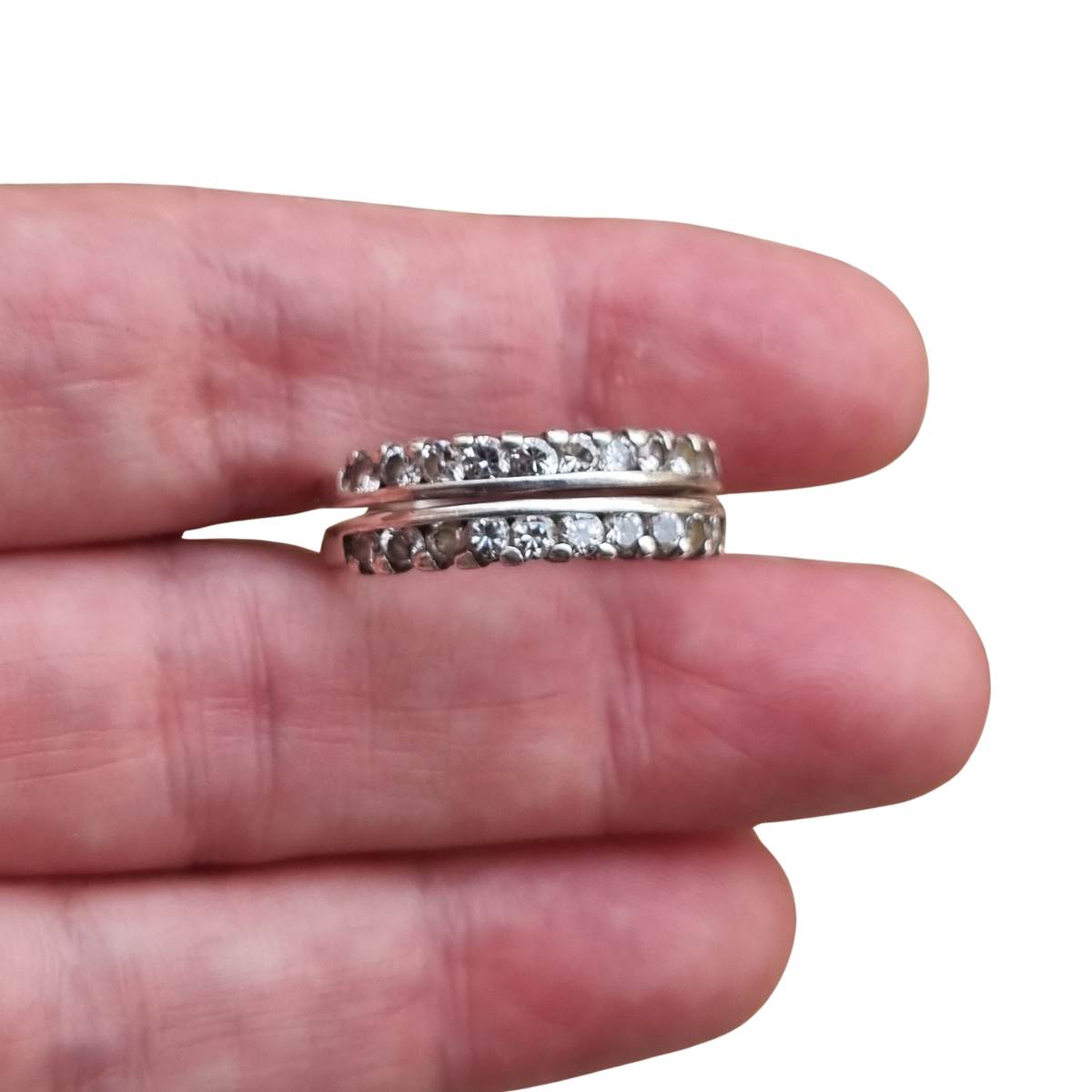 Anillo vintage de plata con doble hilera de piedras blancas, años 80-90