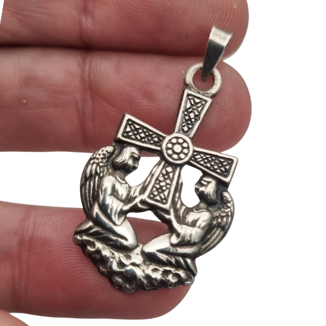 Sterling silver Cruz de los Ángeles pendant, Asturian religious design, circa 1980
