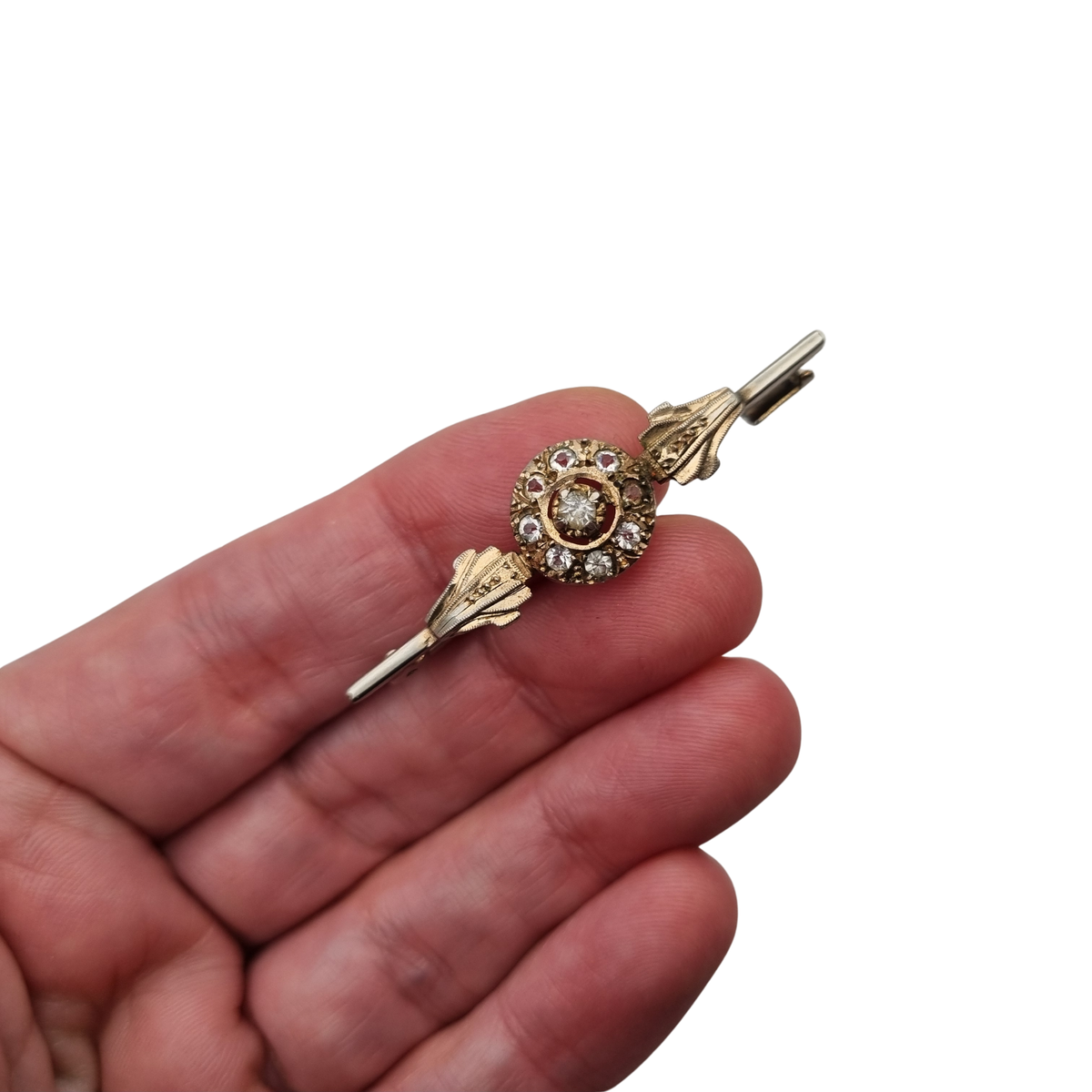 Antique Belle Époque brooch in gilded metal with clear stones, Europe, ca. 1890–1920