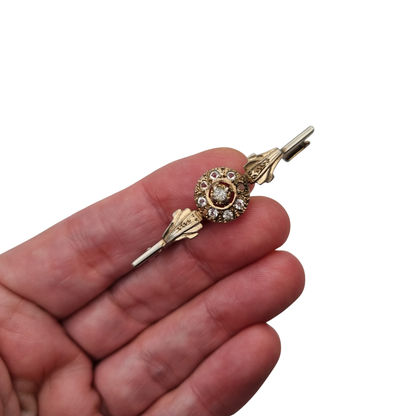 Antique Belle Époque brooch in gilded metal with clear stones, Europe, ca. 1890–1920