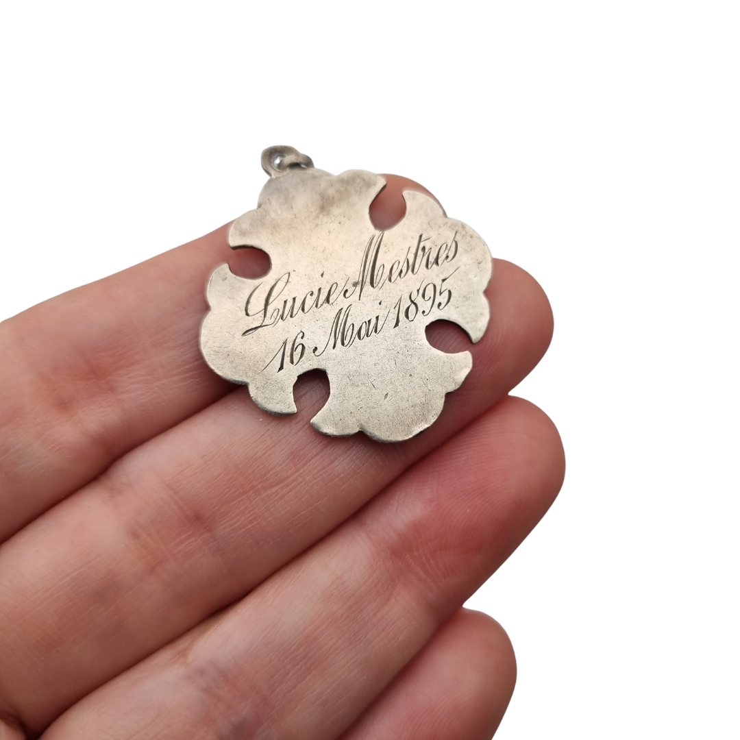 Antique religious First Communion medal in silver with chalice, wheat ears and 1895 inscription