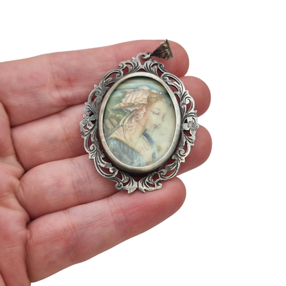 Art Nouveau 800 silver pendant brooch with miniature of a lady and floral frame, Europe, ca. 1900–1930