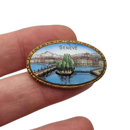 Vintage Geneva souvenir enamel brooch, Geneva view in gilt metal, tourist souvenir circa 1940-1955