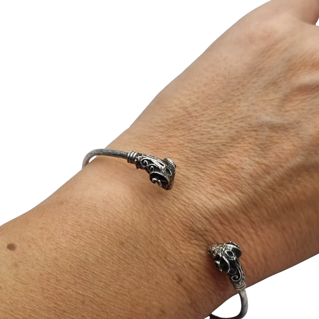 Vintage Boho 925 Silver Mexican Ram Heads Adjustable Bracelet 80s