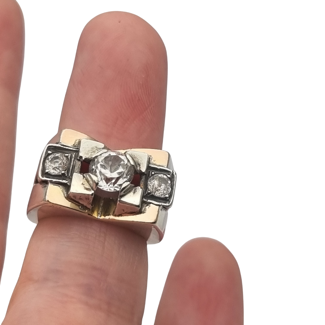 Art Deco ring in silver with gold accents and colorless stones, circa 1940–1950