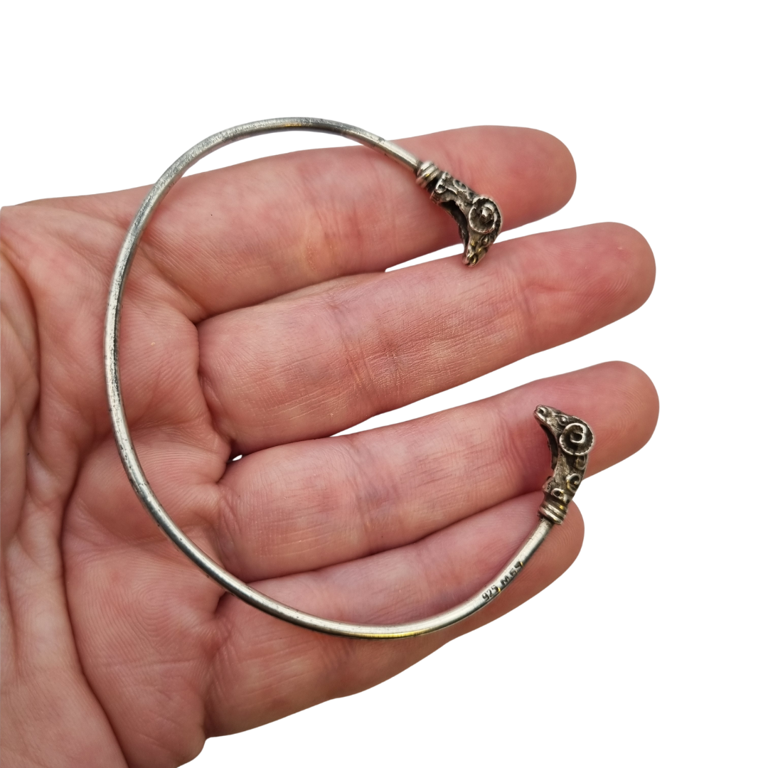 Vintage Boho 925 Silver Mexican Ram Heads Adjustable Bracelet 80s