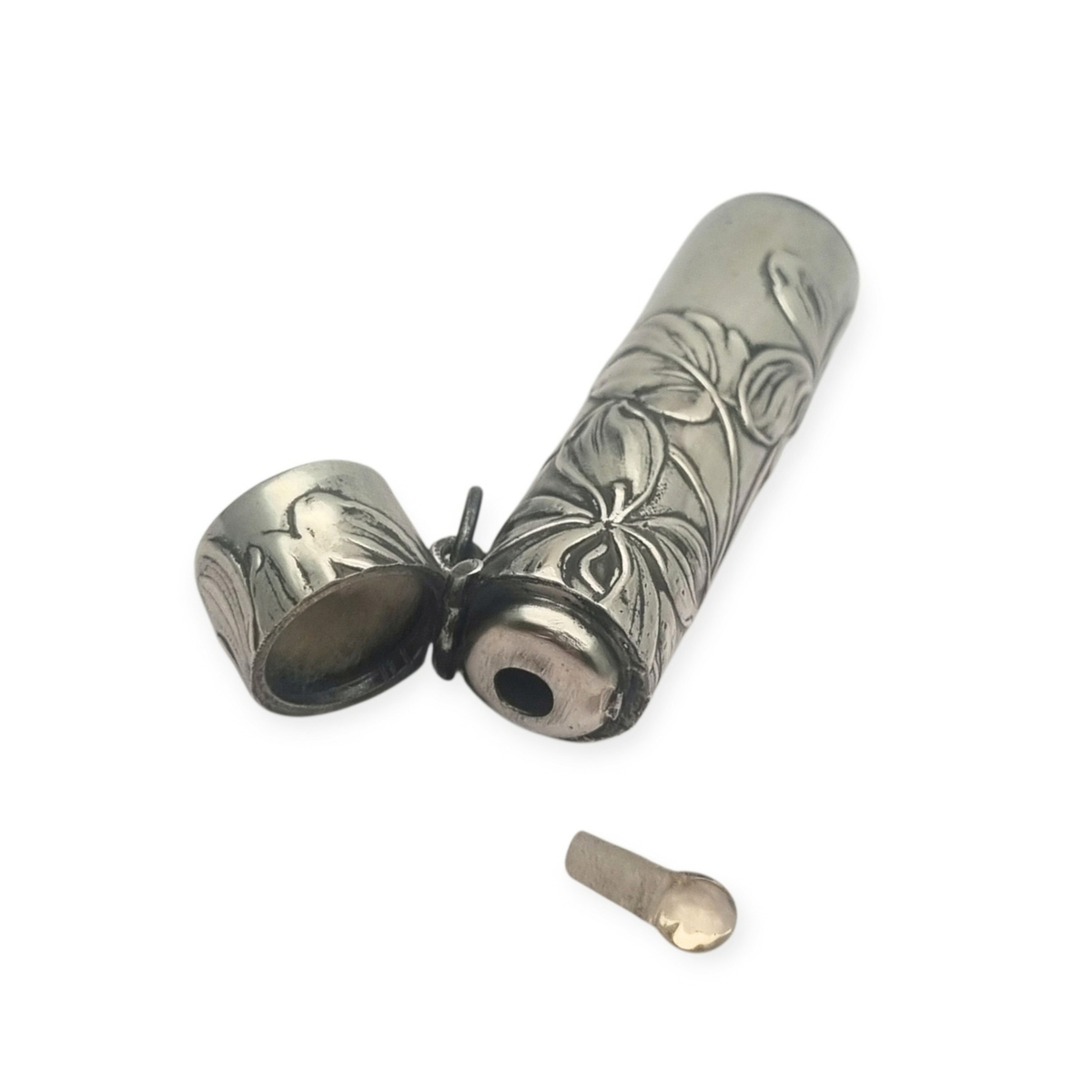 Perfumero Antiguo Art Nouveau de Plata con Decoración Floral en su Estuche, circa 1900