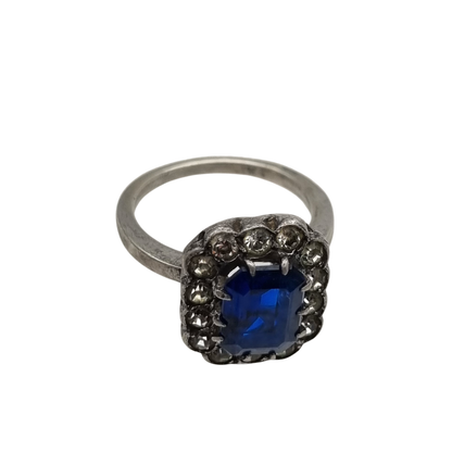 Pompadour silver ring with blue and white rhinestones, Princess Diana style. France, circa 1950