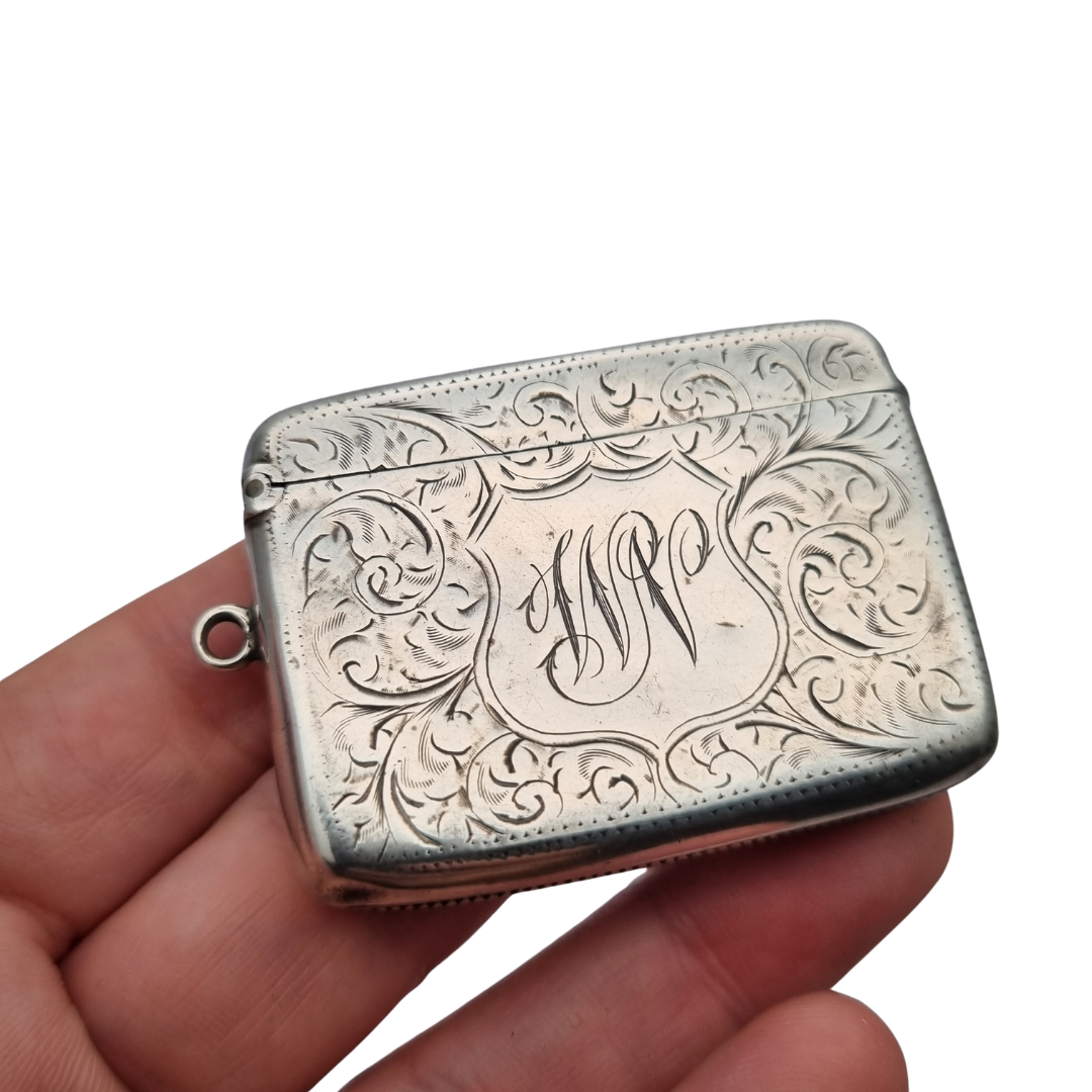 Caja cerillera Eduardiana antigua de plata Birmingham 1905, W.H William M Hayes