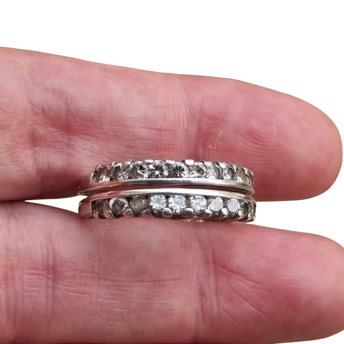 Anillo vintage de plata con doble hilera de piedras blancas, años 80-90