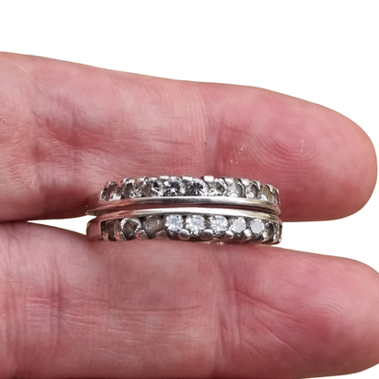 Anillo vintage de plata con doble hilera de piedras blancas, años 80-90