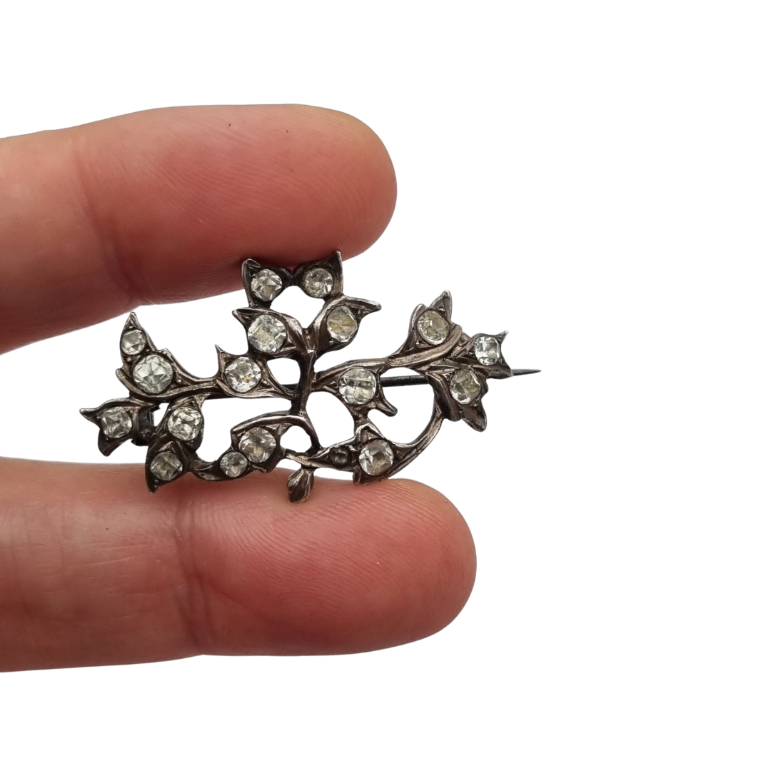 Antique Silver Floral Victorian Brooch with Paste Stones, Edwardian Style, c. 1890–1910