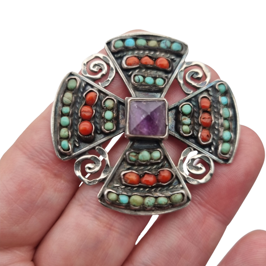 Mexican MATL SALAS cruciform brooch in silver with turquoise, coral and amethyst, designer jewelry, ca. 1960