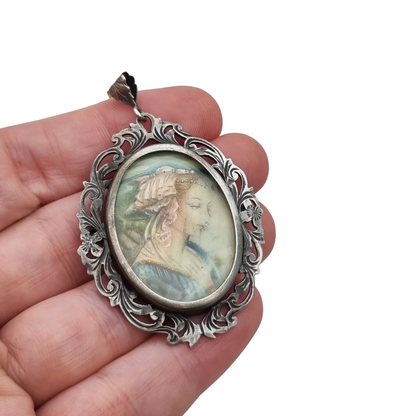 Art Nouveau 800 silver pendant brooch with miniature of a lady and floral frame, Europe, ca. 1900–1930