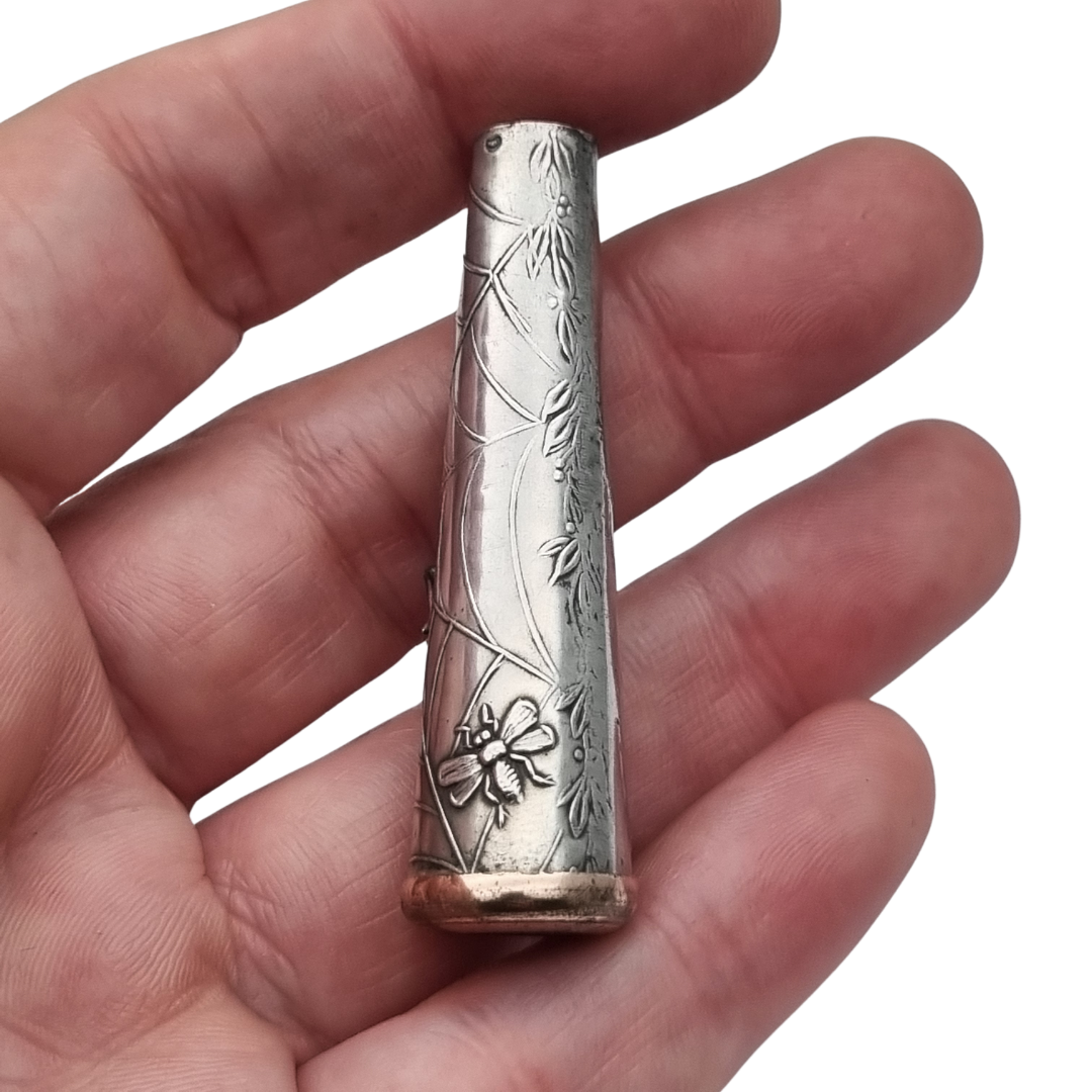 Antique Art Deco Vamp Silver Cigarette Holder with Spider and Bee, Femme Fatale 1920