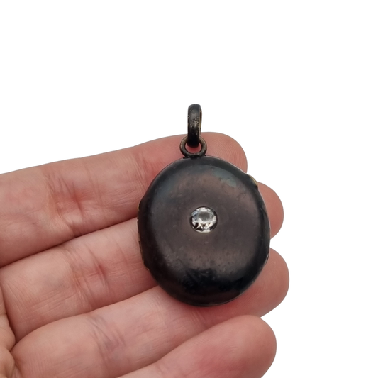 Victorian black locket with stone, mourning jewelry, circa 1890-1900