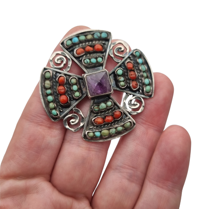 Mexican MATL SALAS cruciform brooch in silver with turquoise, coral and amethyst, designer jewelry, ca. 1960