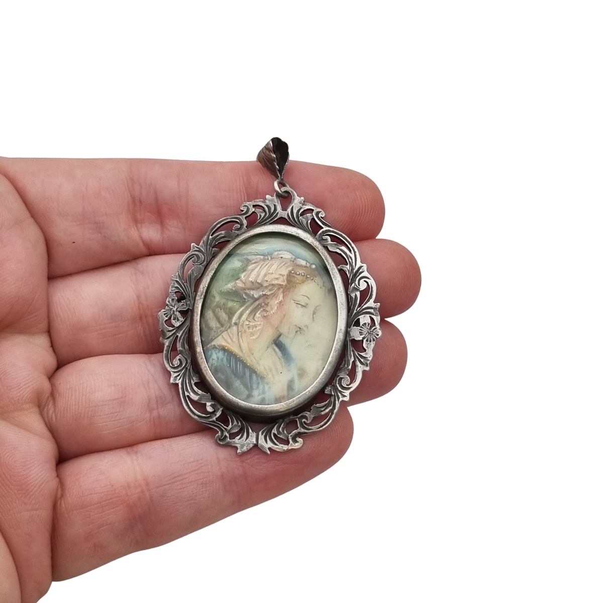Art Nouveau 800 silver pendant brooch with miniature of a lady and floral frame, Europe, ca. 1900–1930