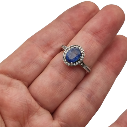 Vintage 925 sterling silver ring with blue stone, Diana style with halo, circa 1990-2000