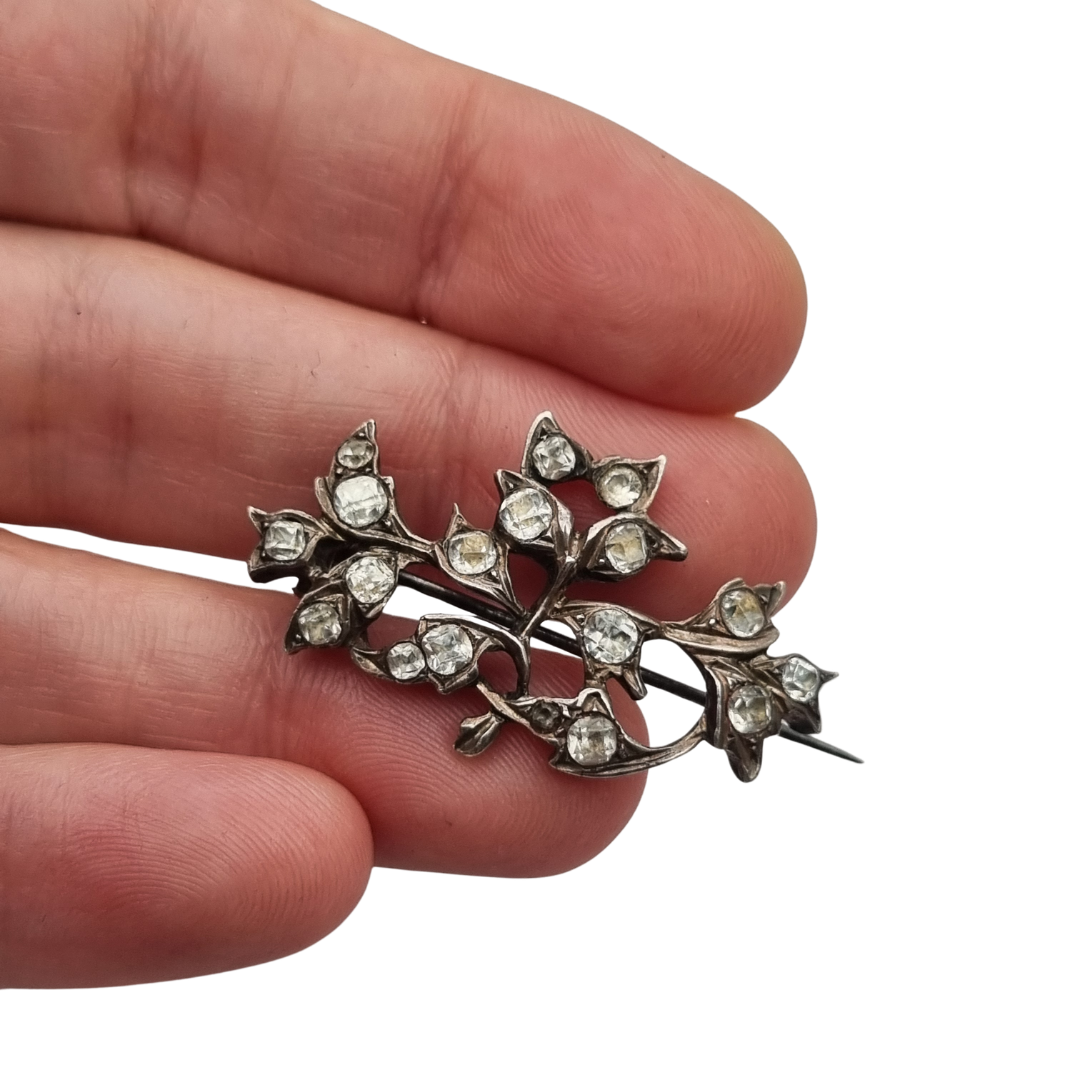 Antique Silver Floral Victorian Brooch with Paste Stones, Edwardian Style, c. 1890–1910